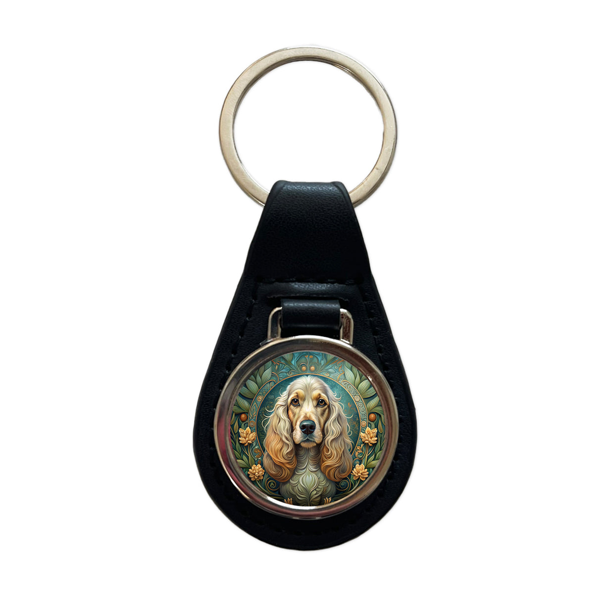 Cocker Spaniel Dog Art Nouveau Black Leather Metal Keychain