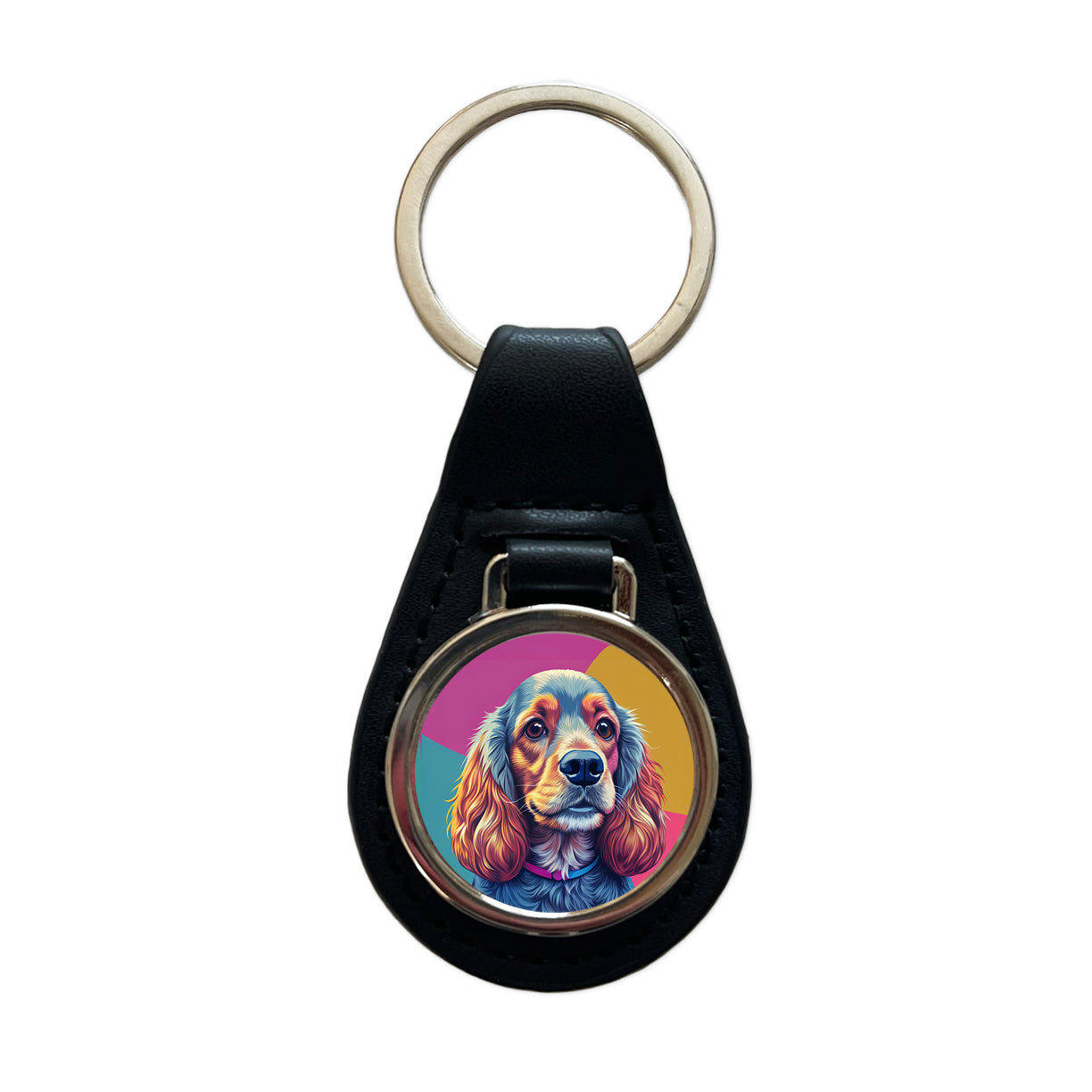 Cocker Spaniel Dog Pop Art Black Leather Metal Keychain
