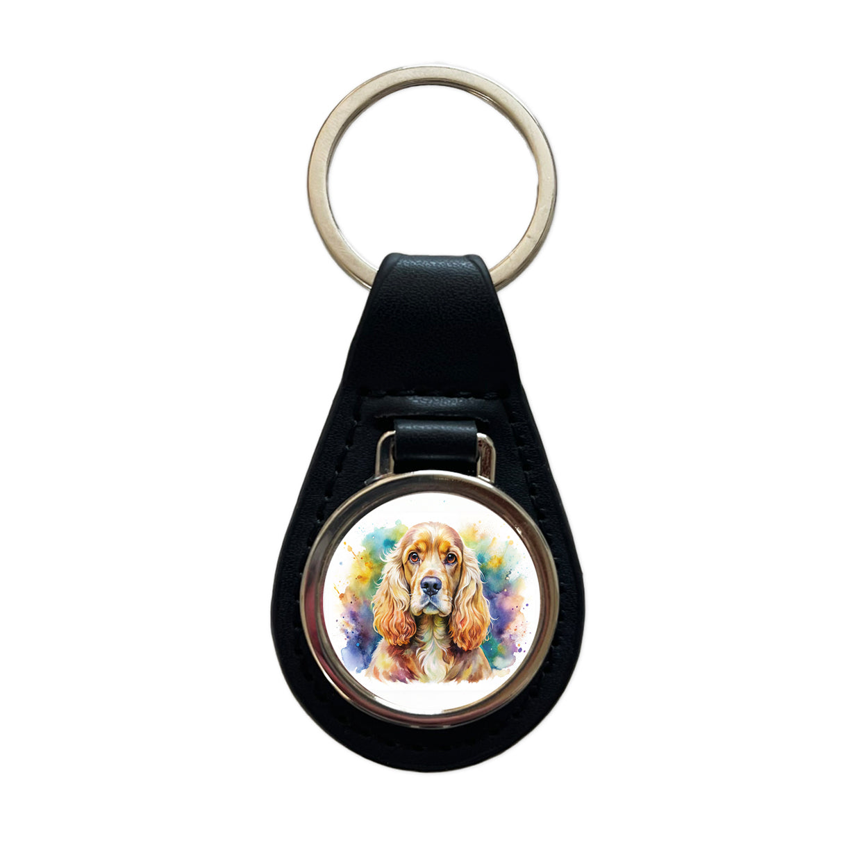 Cocker Spaniel Dog Watercolor Style Black Leather Metal Keychain