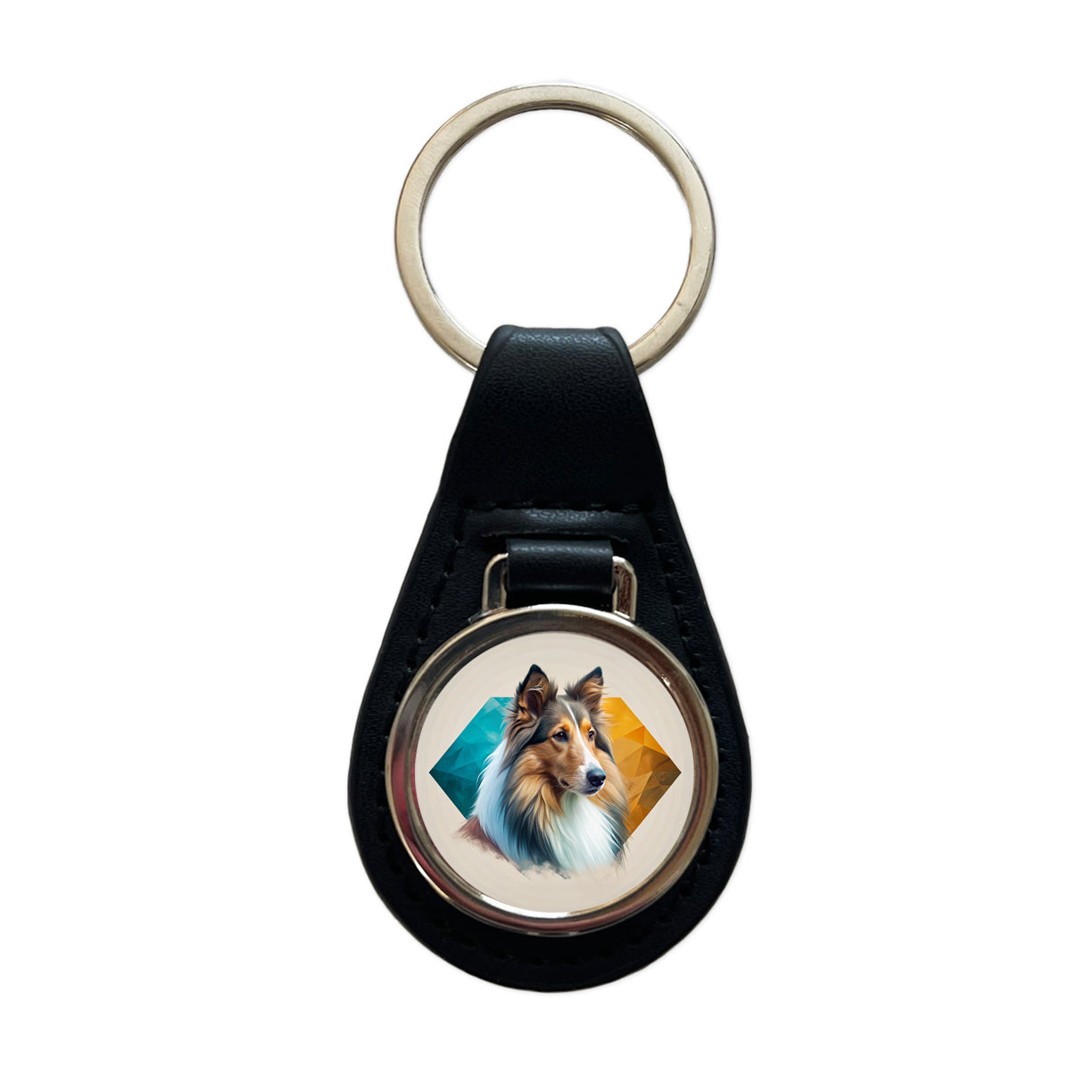 Collie Dog Contemporary Art Black Leather Metal Keychain