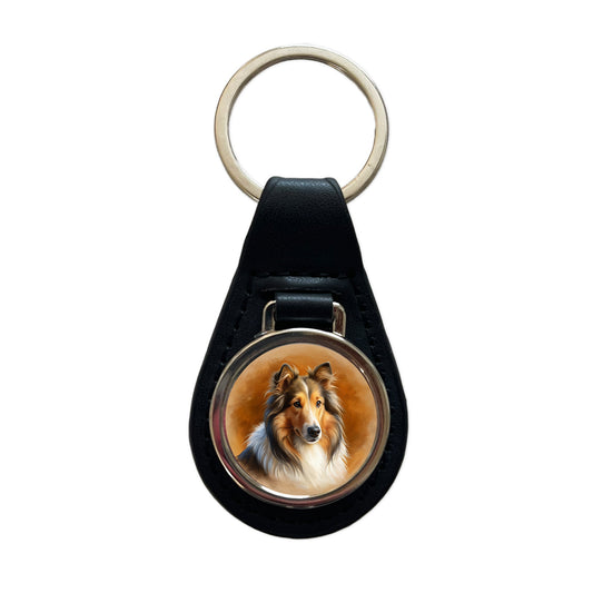 Collie Dog Illustration Black Leather Metal Keychain
