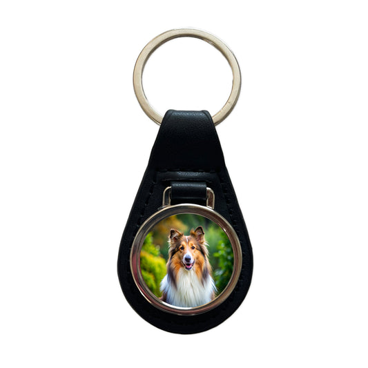 Collie Dog Photo Black Leather Metal Keychain