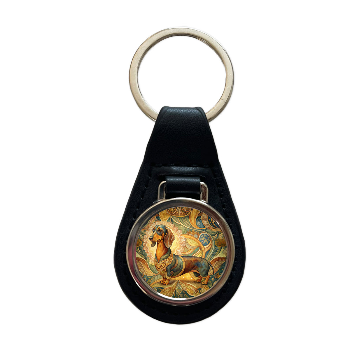 Dachshund Dog Art Nouveau Black Leather Metal Keychain
