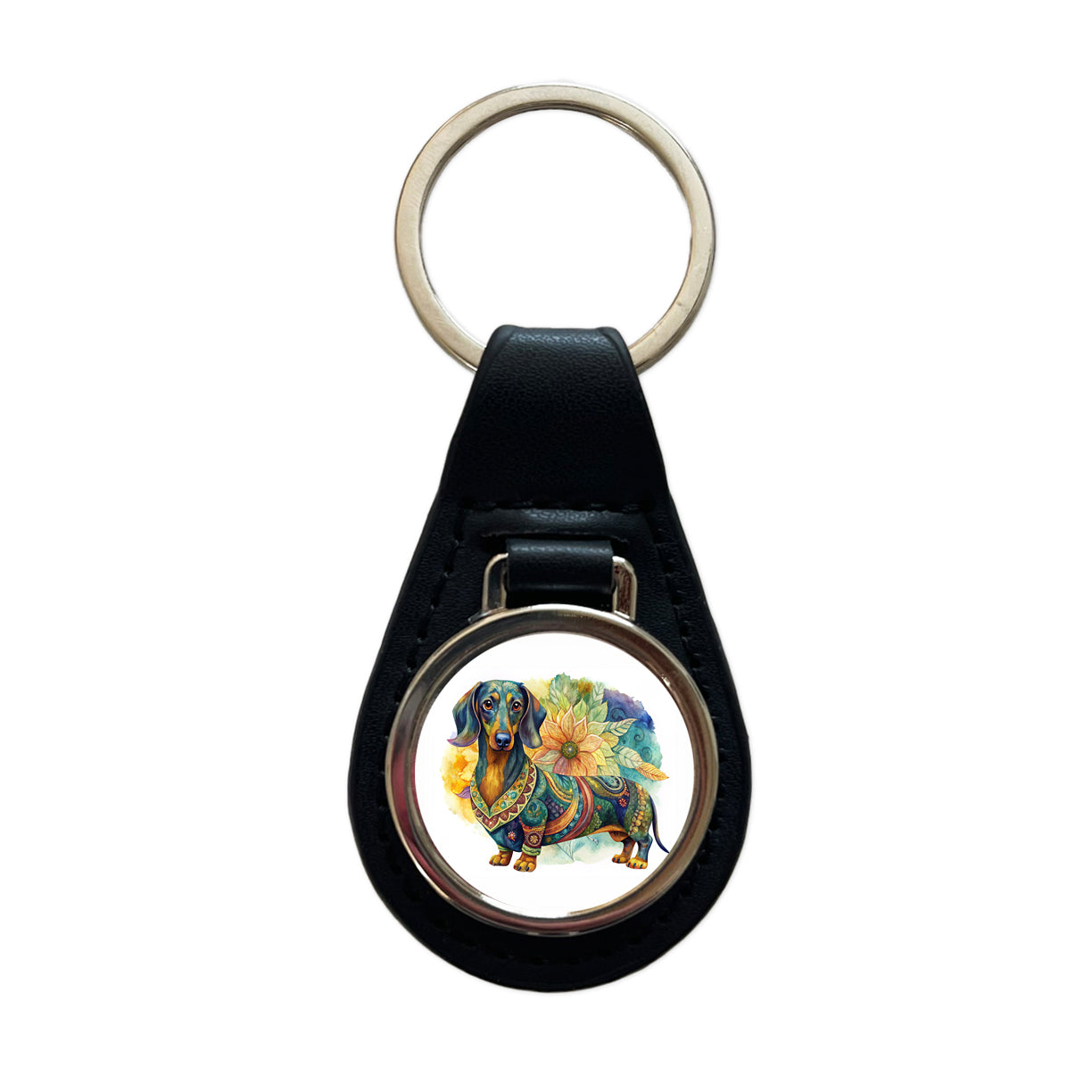 Dachshund Dog Bohemian Art Black Leather Metal Keychain