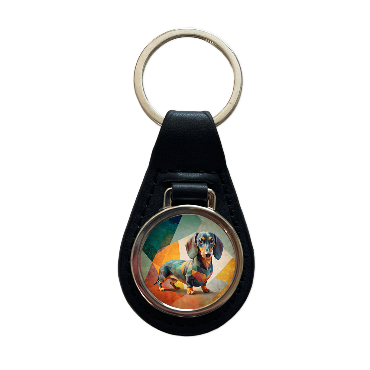 Dachshund Dog Contemporary Art Black Leather Metal Keychain