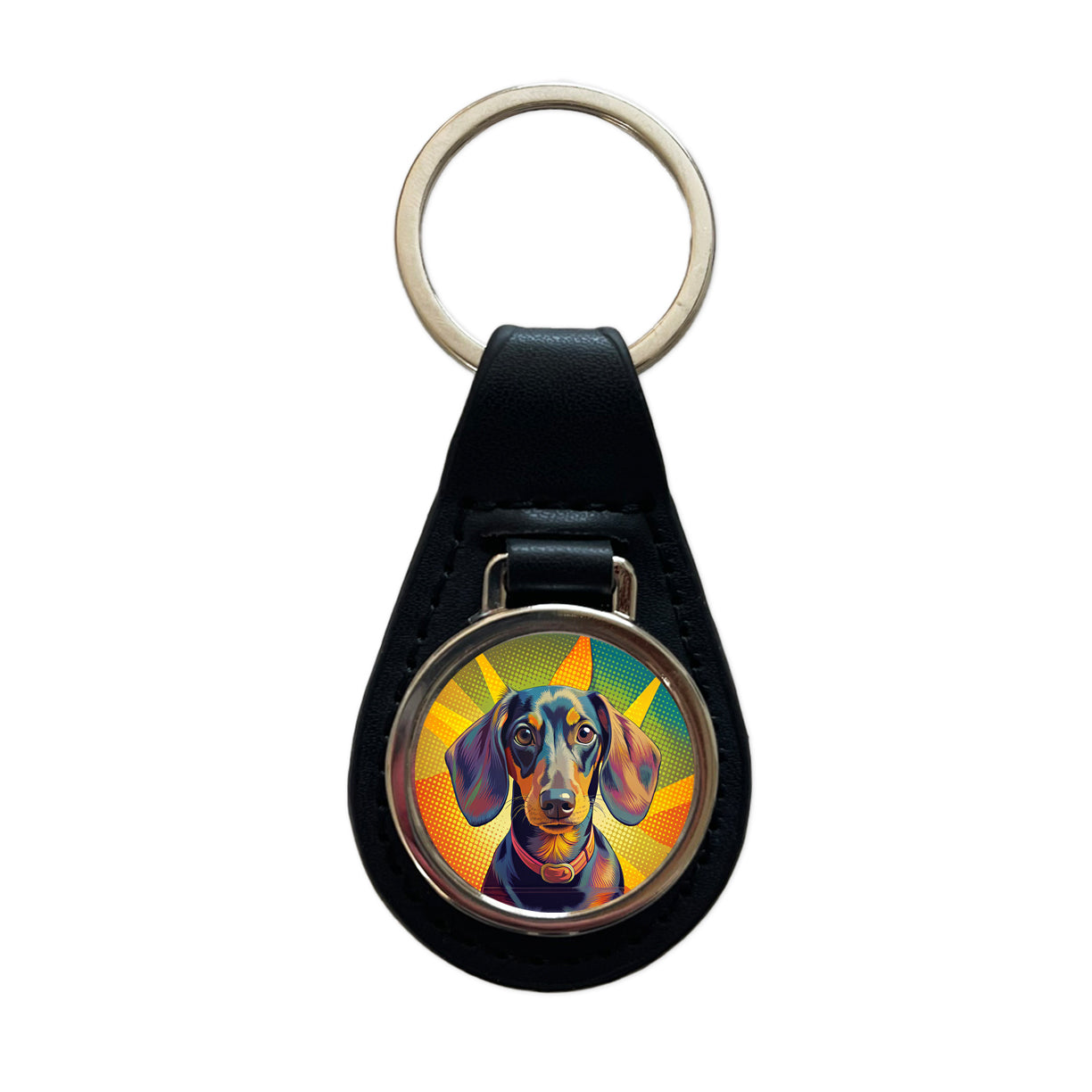 Dachshund Dog Pop Art Black Leather Metal Keychain