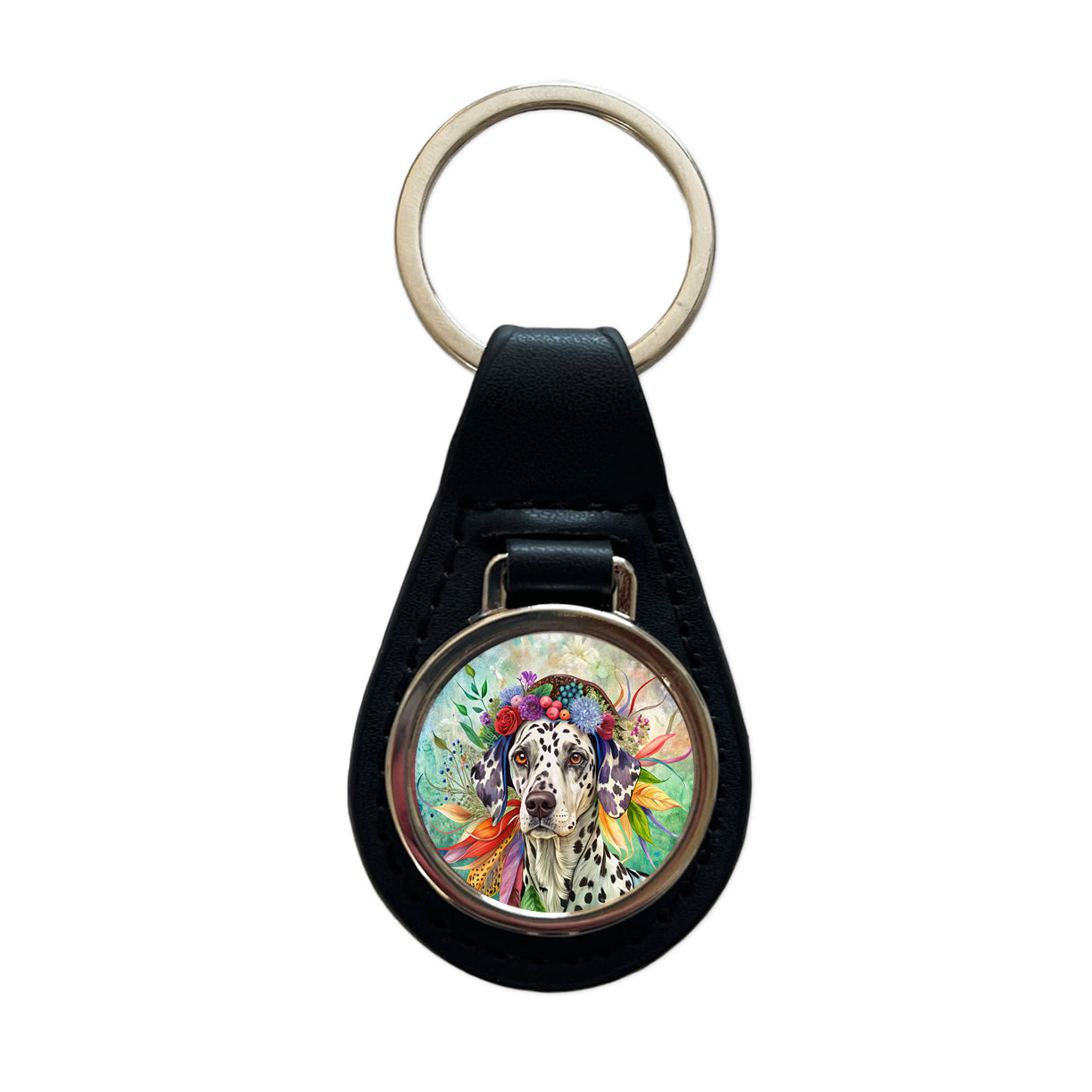 Dalmatian Dog French Bohemian Art Black Leather Metal Keychain