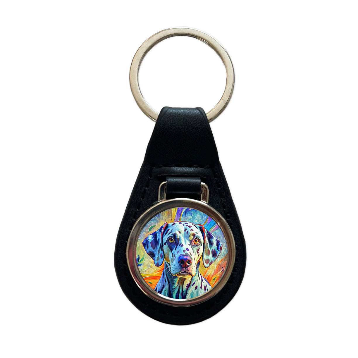 Dalmatian Dog Pop Art Black Leather Metal Keychain