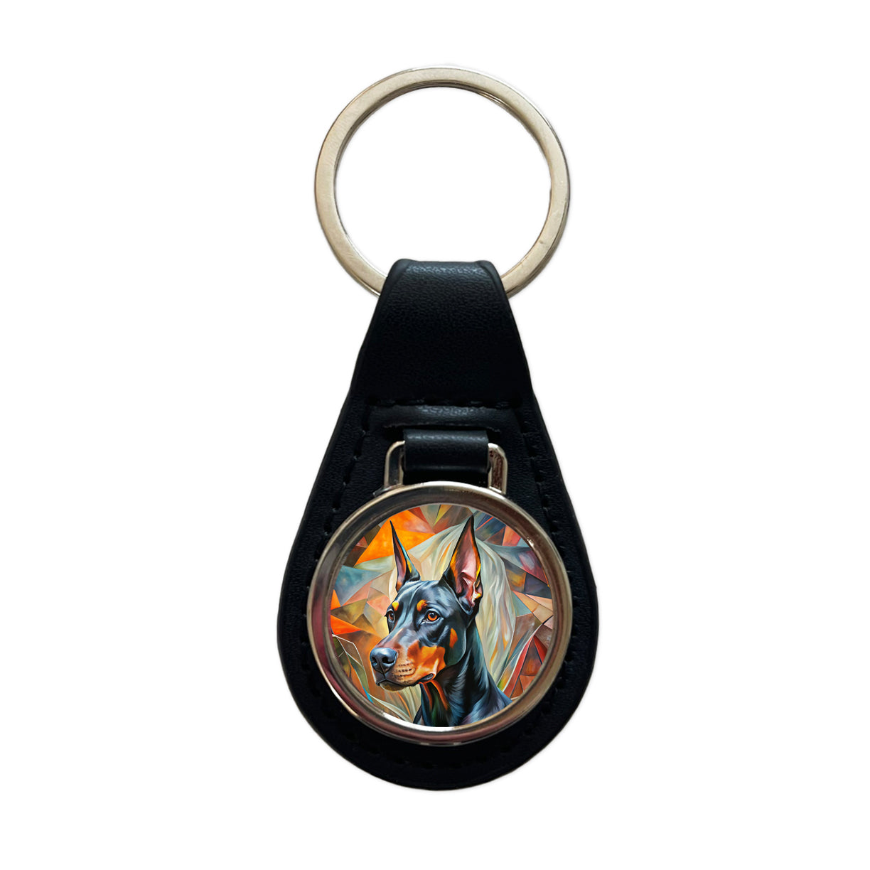 Doberman Pinscher Dog Abstract Art Black Leather Metal Keychain
