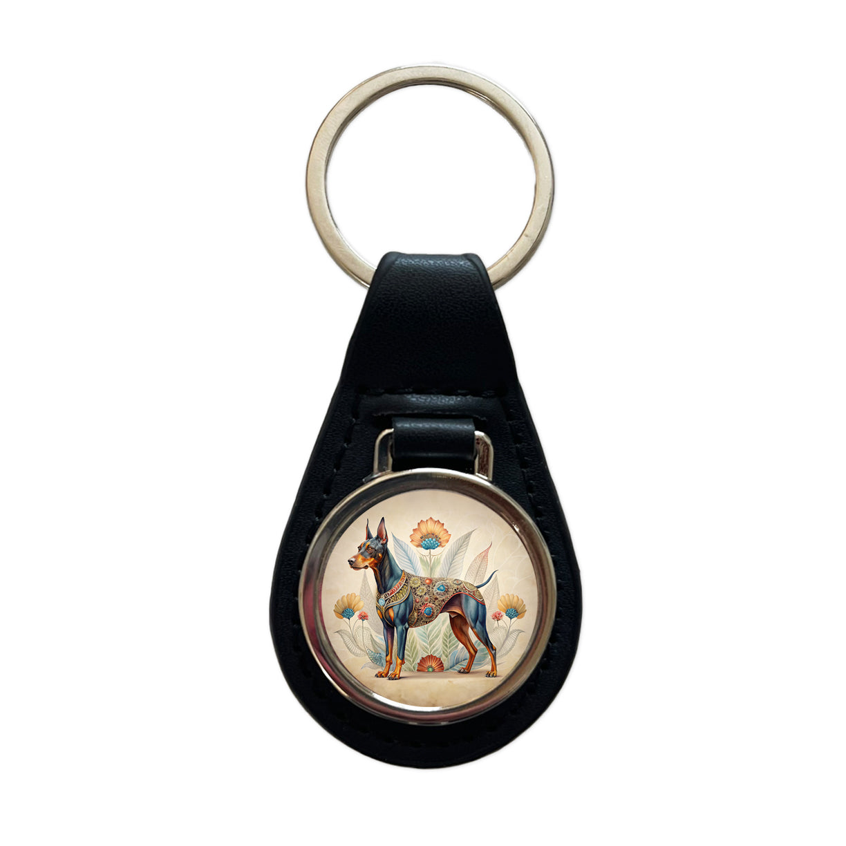 Doberman Pinscher Dog French Bohemian Art Black Leather Metal Keychain
