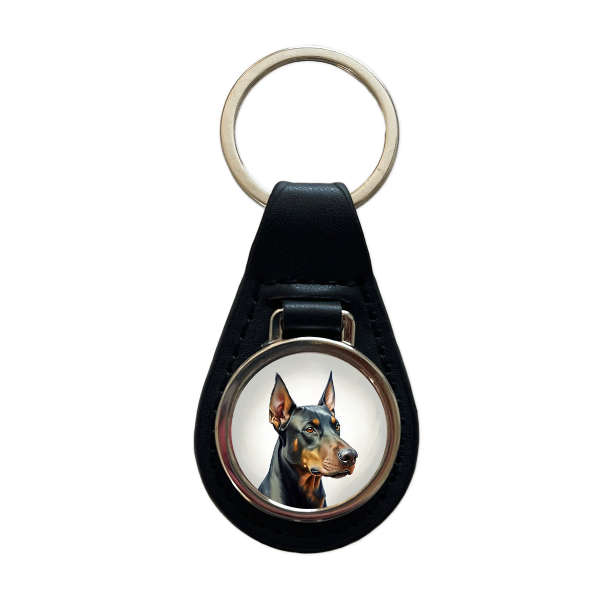 Doberman Pinscher Dog Illustration Black Leather Metal Keychain