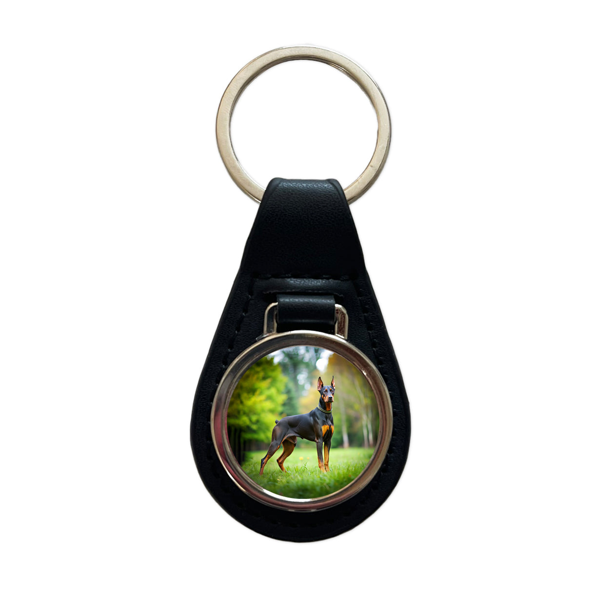 Doberman Pinscher Dog Photo Black Leather Metal Keychain