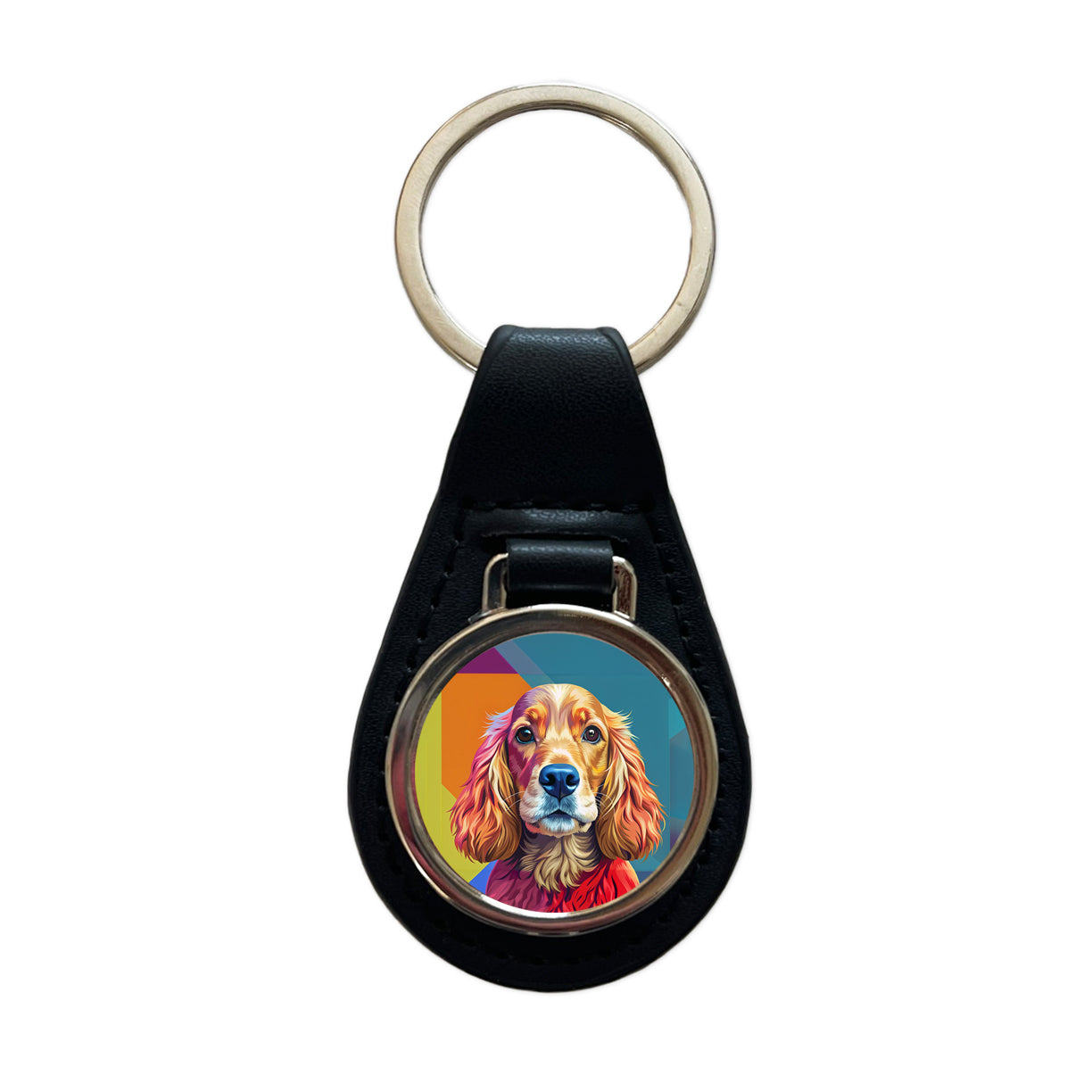 English Cocker Spaniel Dog Pop Art Black Leather Metal Keychain