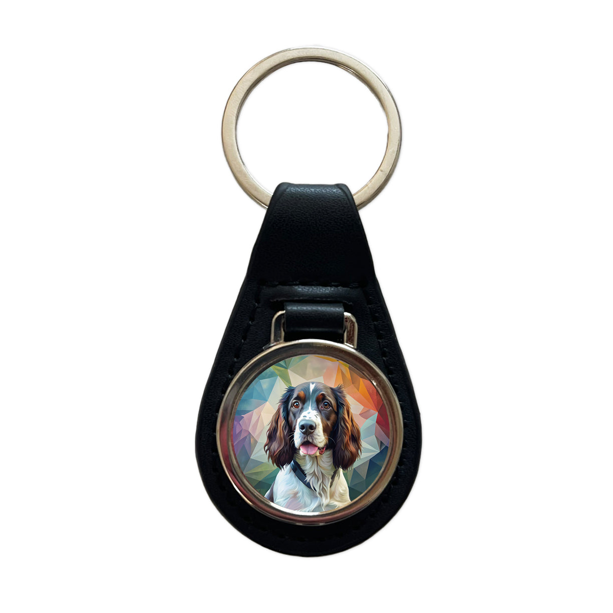 English Springer Spaniel Dog Contemporary Art Black Leather Metal Keychain