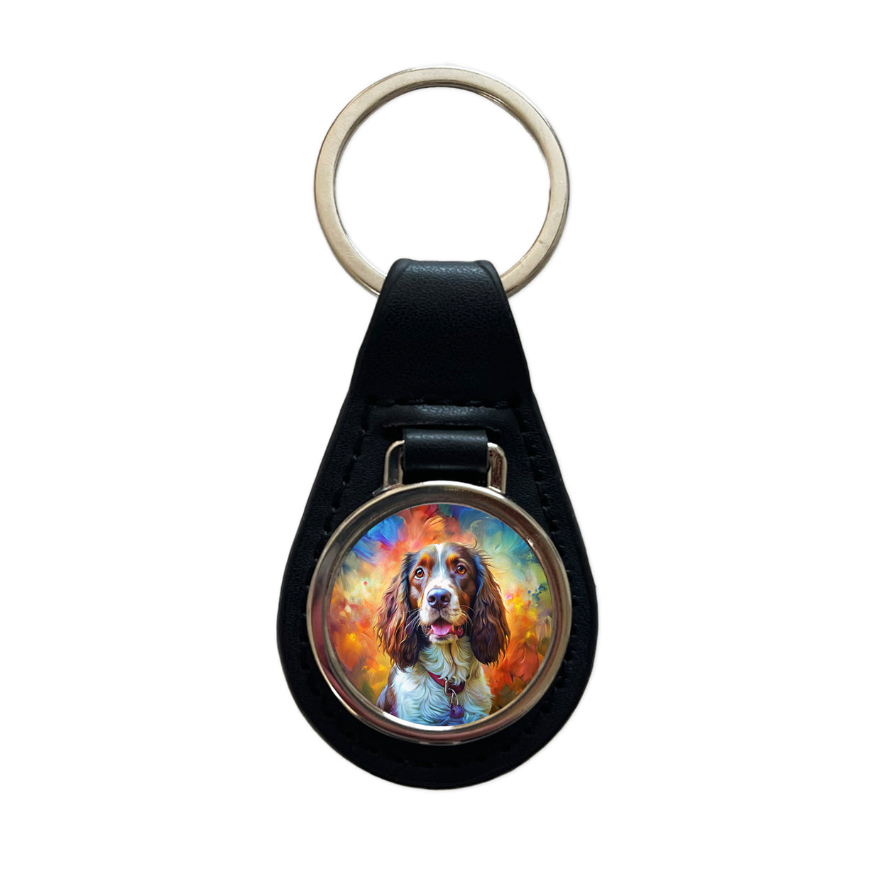 English Springer Spaniel Dog Expressionism Art Black Leather Metal Keychain
