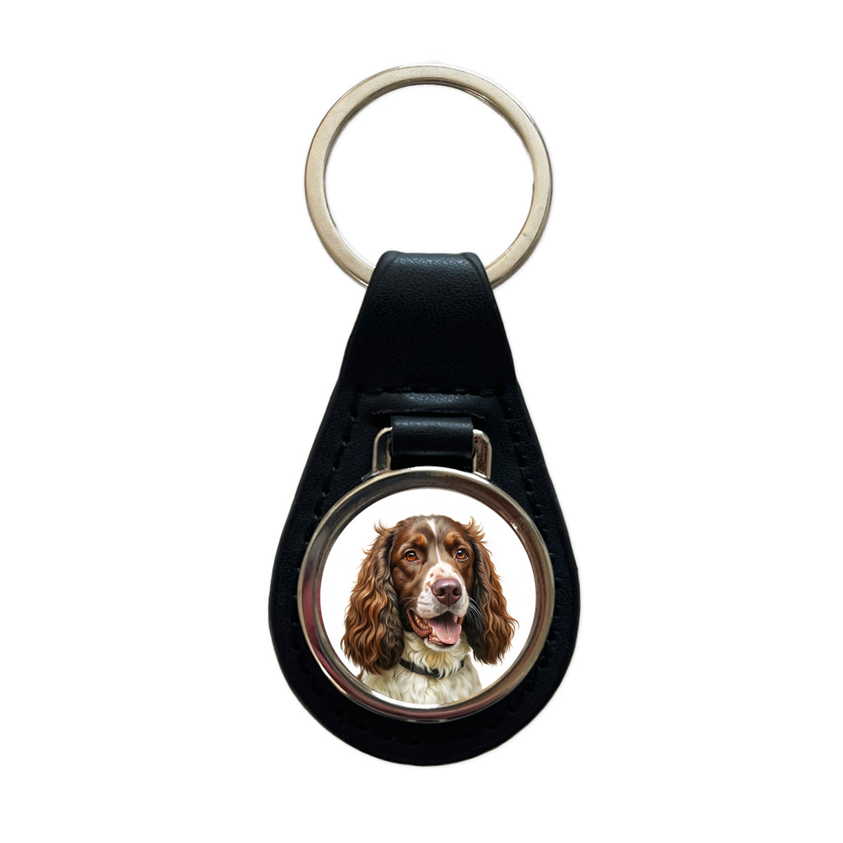 English Springer Spaniel Dog Illustration Black Leather Metal Keychain