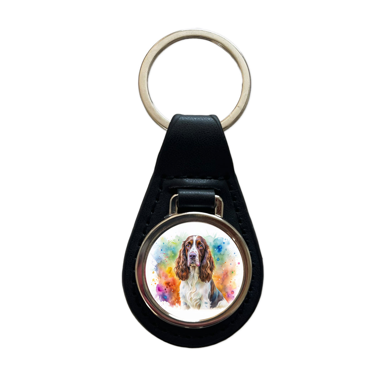 English Springer Spaniel Dog Watercolor Style Black Leather Metal Keychain