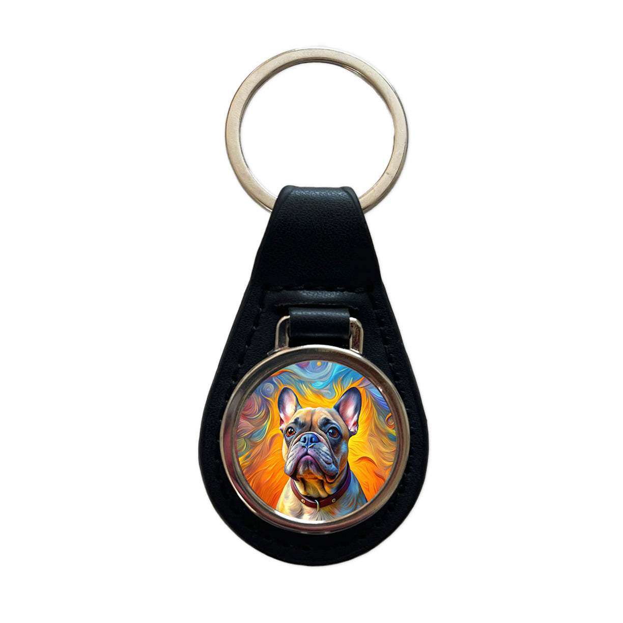 French Bulldog Frenchie Dog Expressionism Art Black Leather Metal Keychain