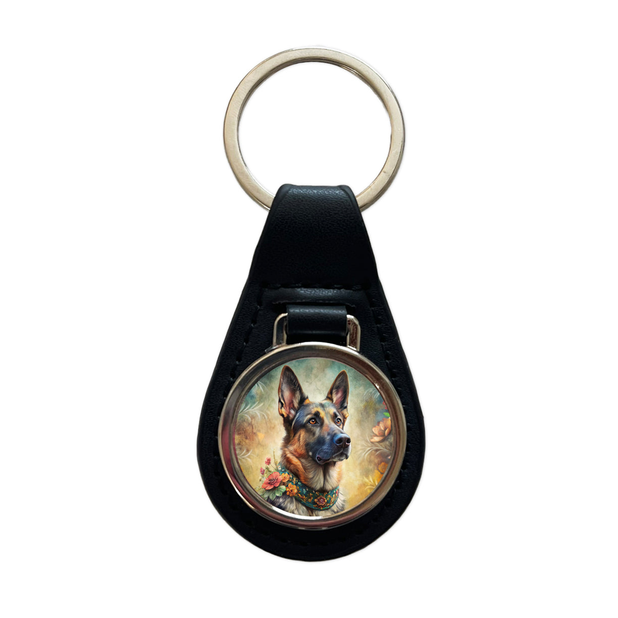 German Shepherd Dog French Bohemian Art Black Leather Metal Keychain