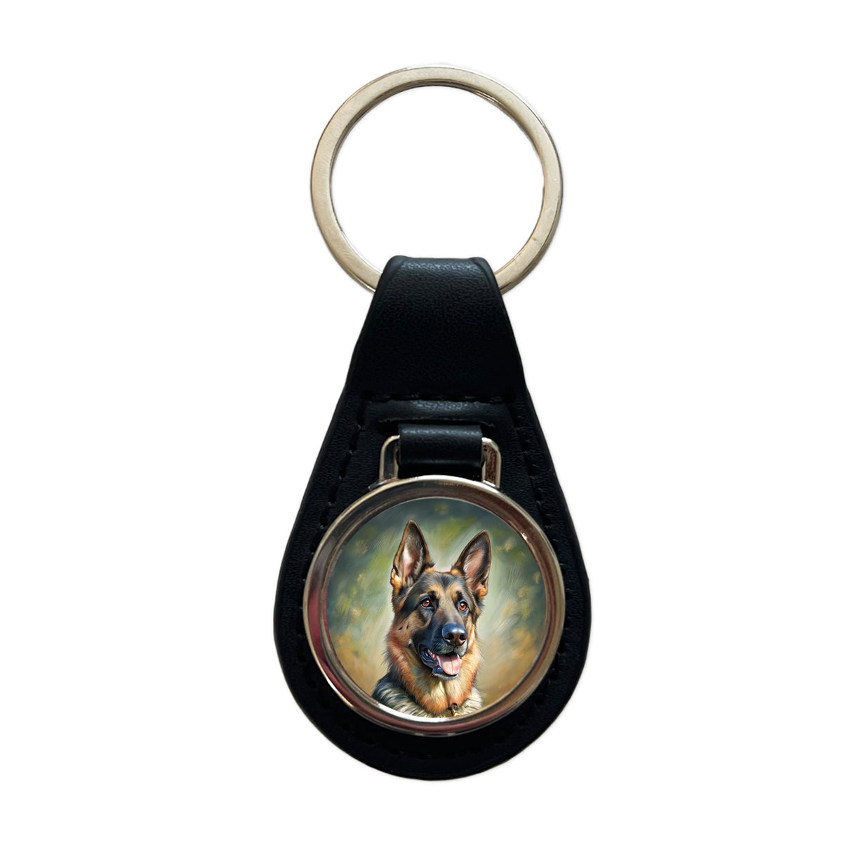 German Shepherd Dog Illustration Black Leather Metal Keychain