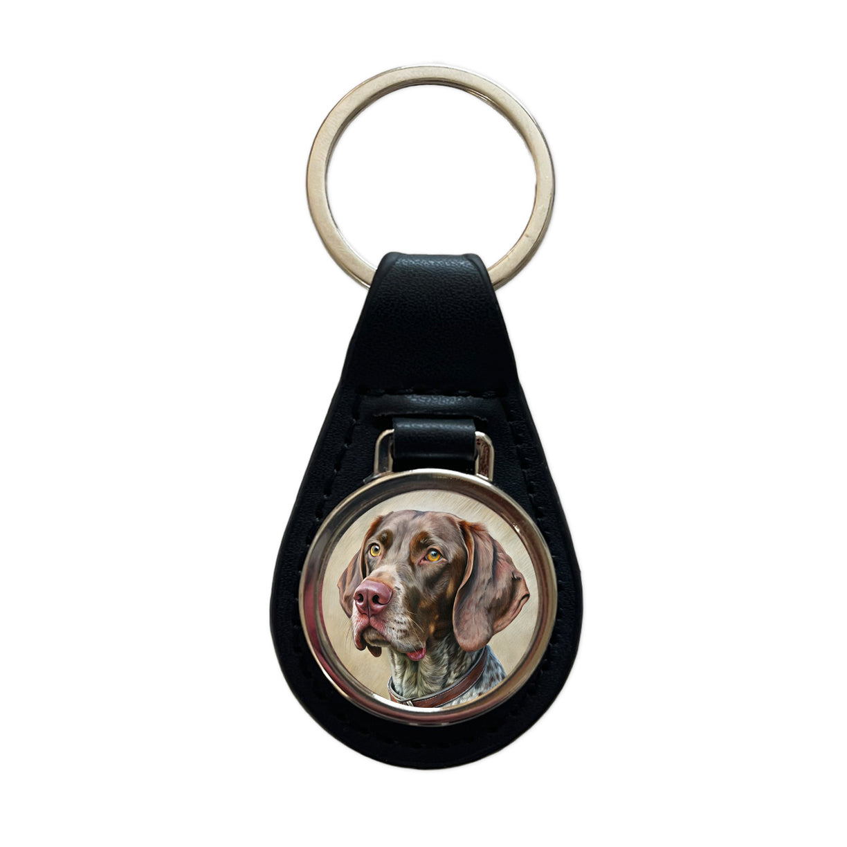 German Shorthaired Pointer Dog Illustration Black Leather Metal Keychain