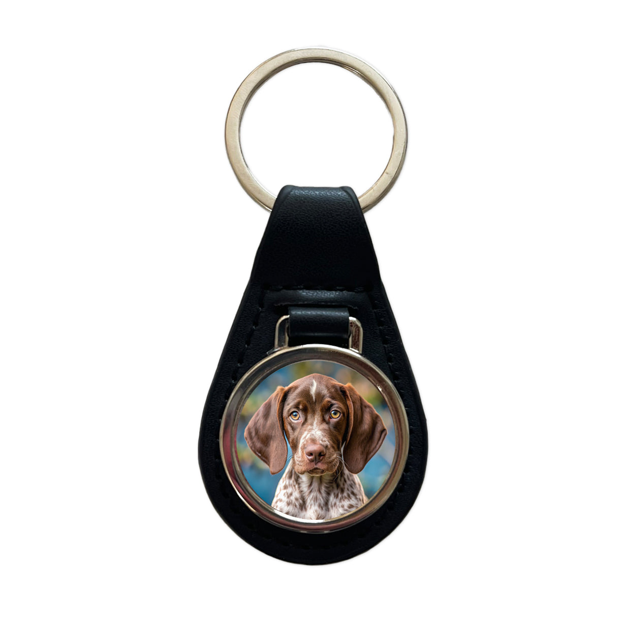 German Shorthaired Pointer Dog Puppy Photo Black Leather Metal Keychain