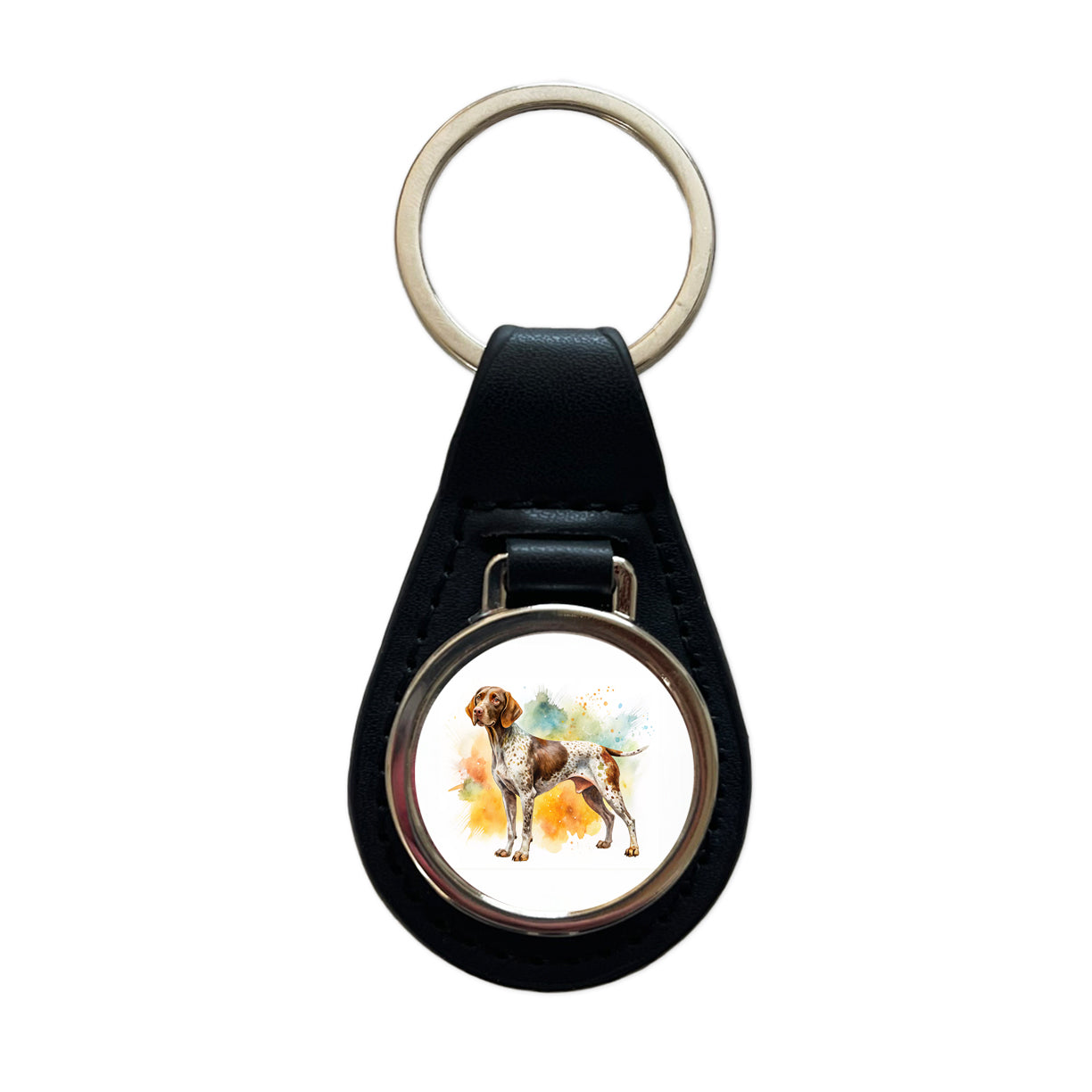 German Shorthaired Pointer Dog Watercolor Style Black Leather Metal Keychain
