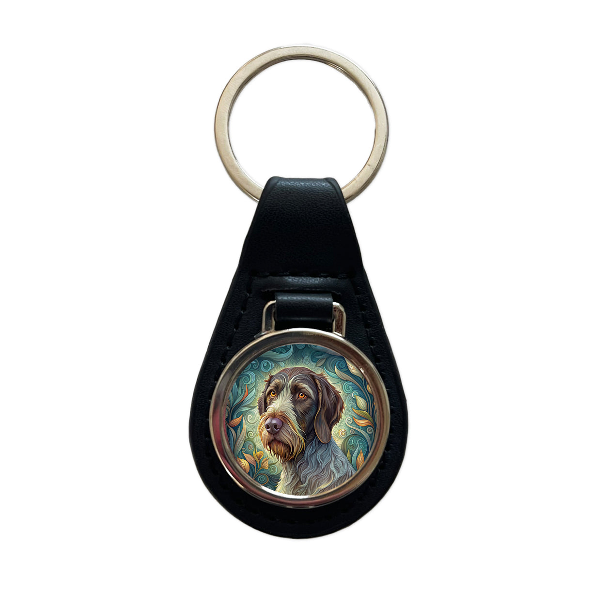 German Wirehaired Pointer Dog Art Nouveau Black Leather Metal Keychain