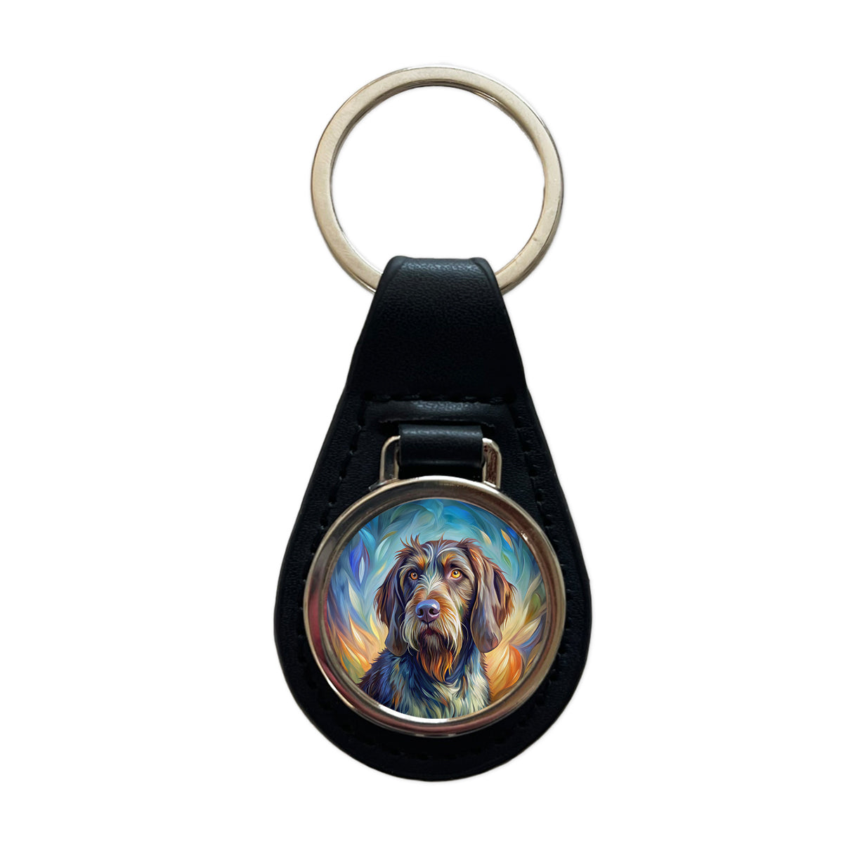 German Wirehaired Pointer Dog Expressionism Art Black Leather Metal Keychain