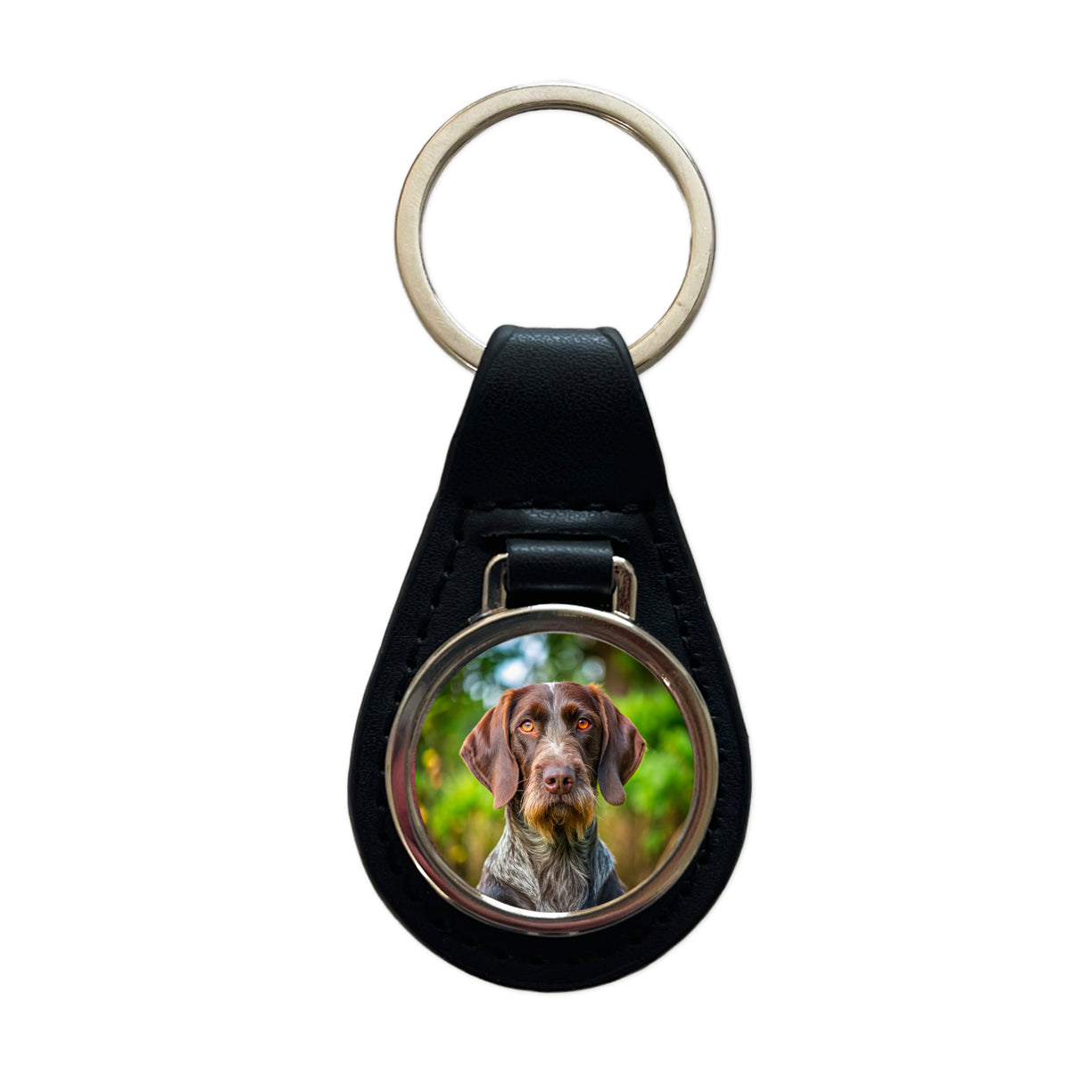 German Wirehaired Pointer Dog Photo Black Leather Metal Keychain