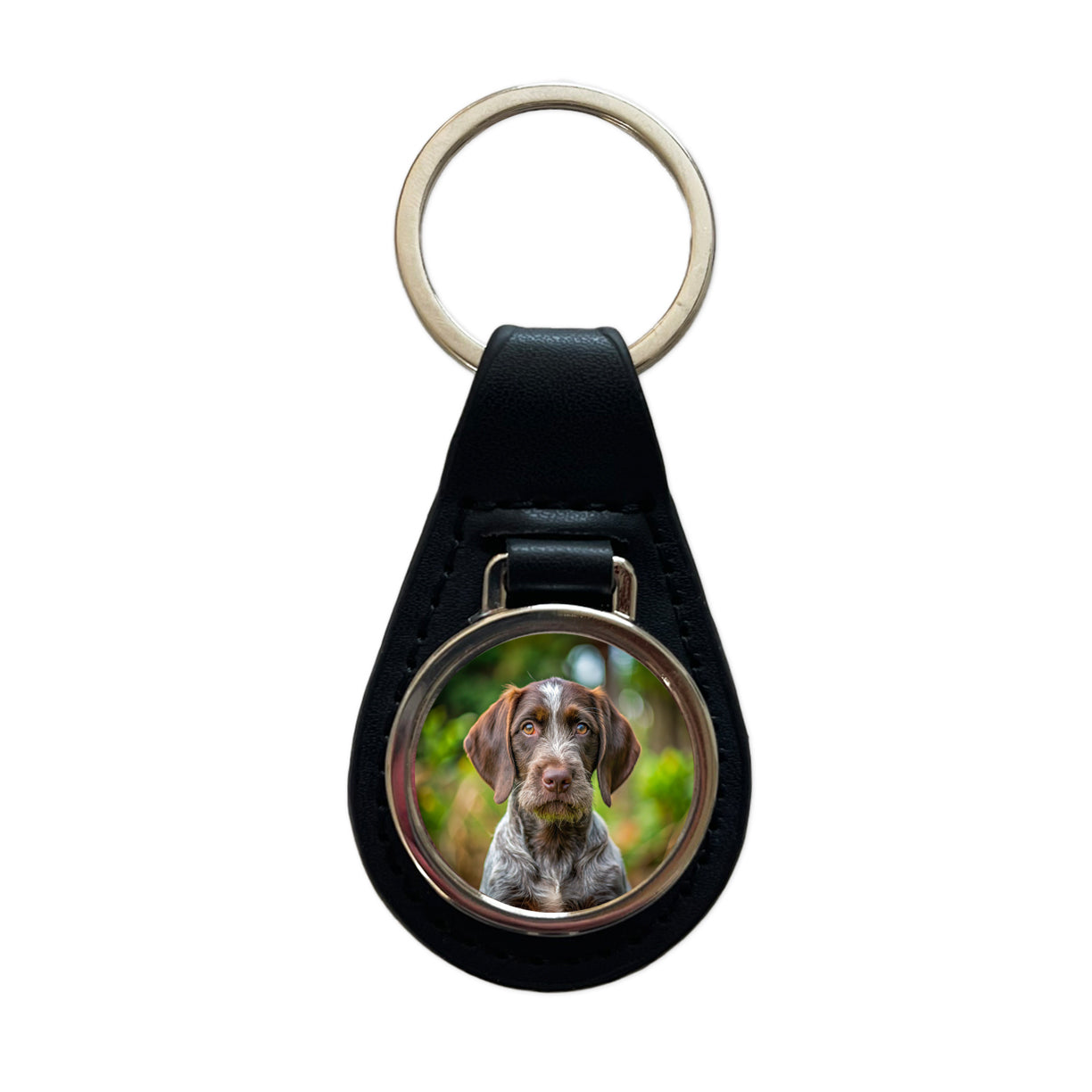 German Wirehaired Pointer Dog Puppy Photo Black Leather Metal Keychain
