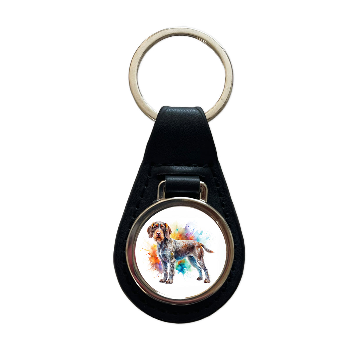 German Wirehaired Pointer Dog Watercolor Style Black Leather Metal Keychain