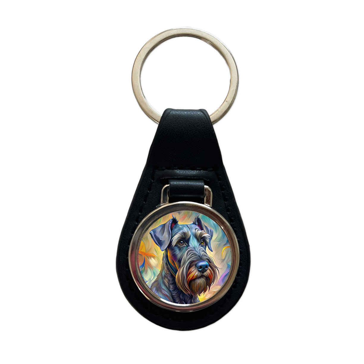 Giant Schnauzer Dog Expressionism Art Black Leather Metal Keychain