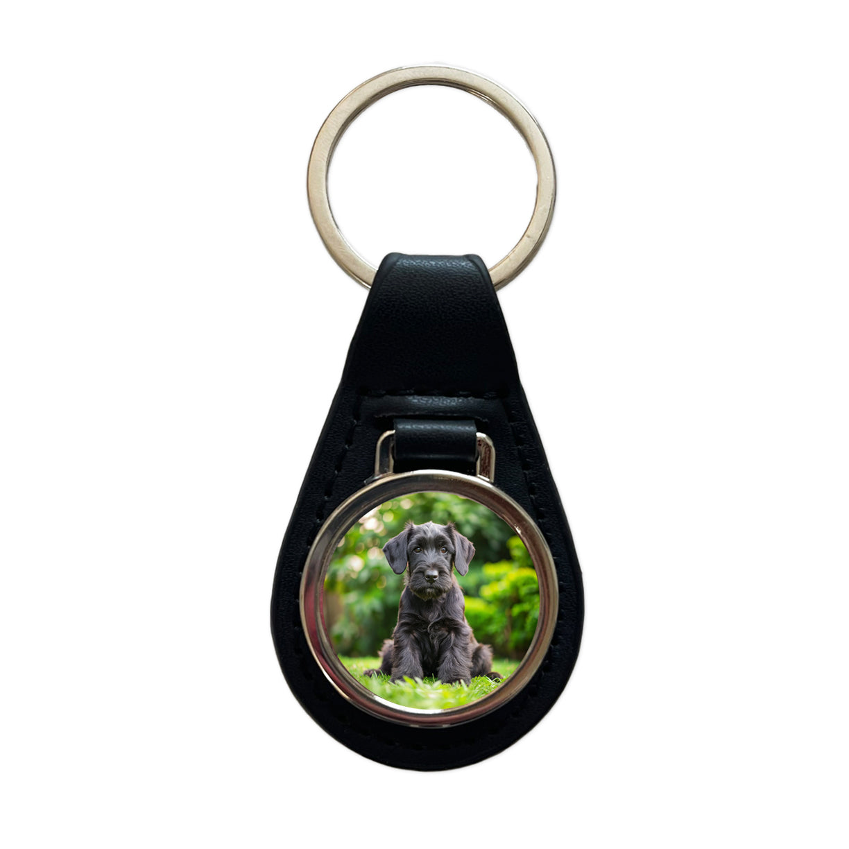 Giant Schnauzer Dog Puppy Photo Black Leather Metal Keychain