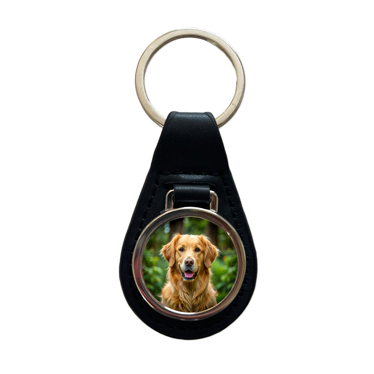 Golden Retriever Dog Photo Black Leather Metal Keychain