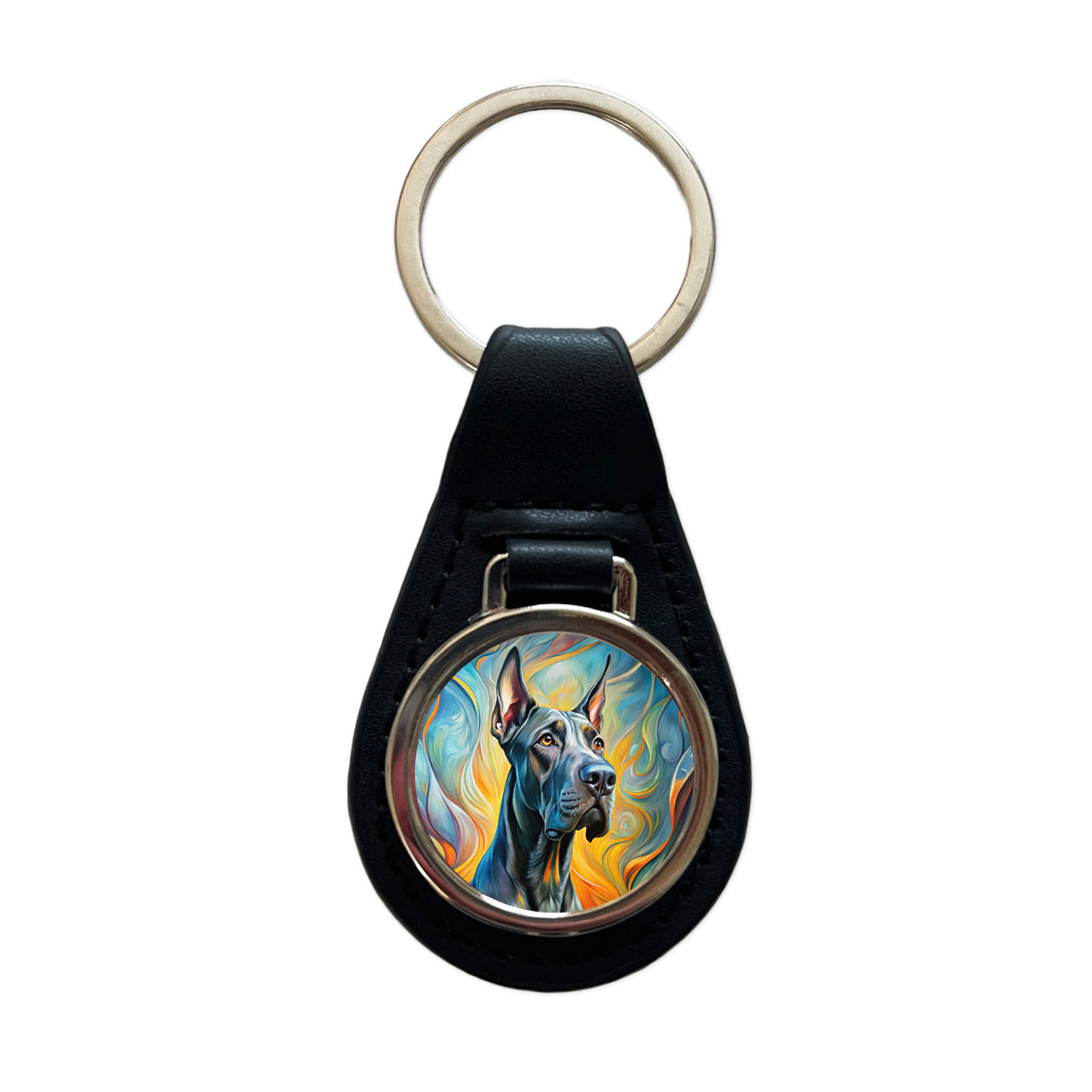 Great Dane Dog Abstract Art Black Leather Metal Keychain