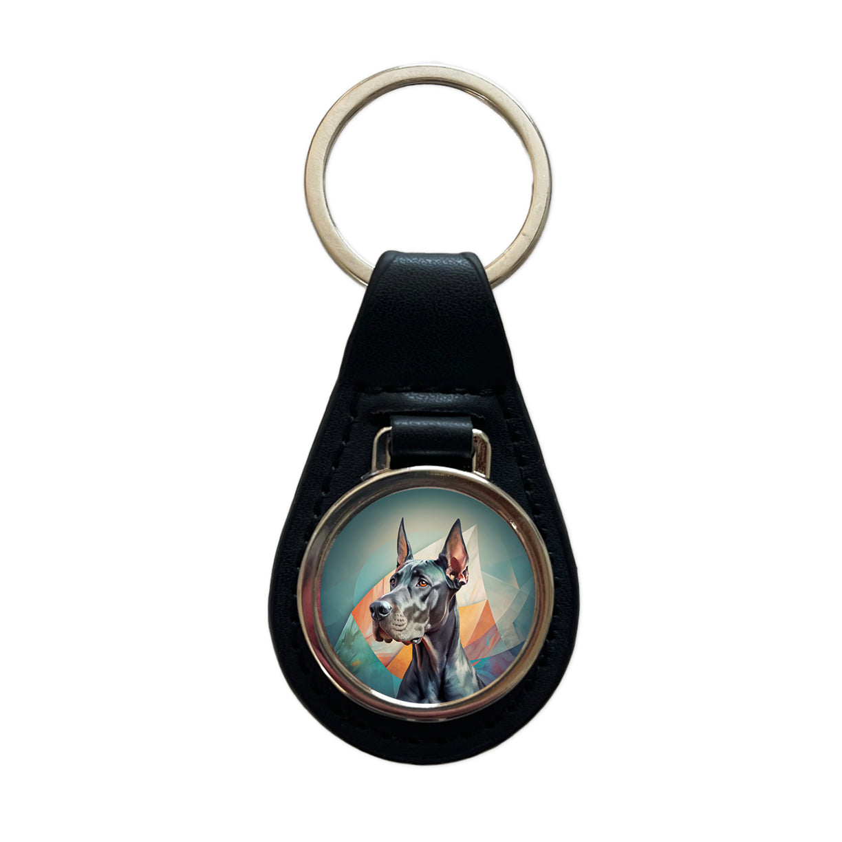 Great Dane Dog Contemporary Art Black Leather Metal Keychain