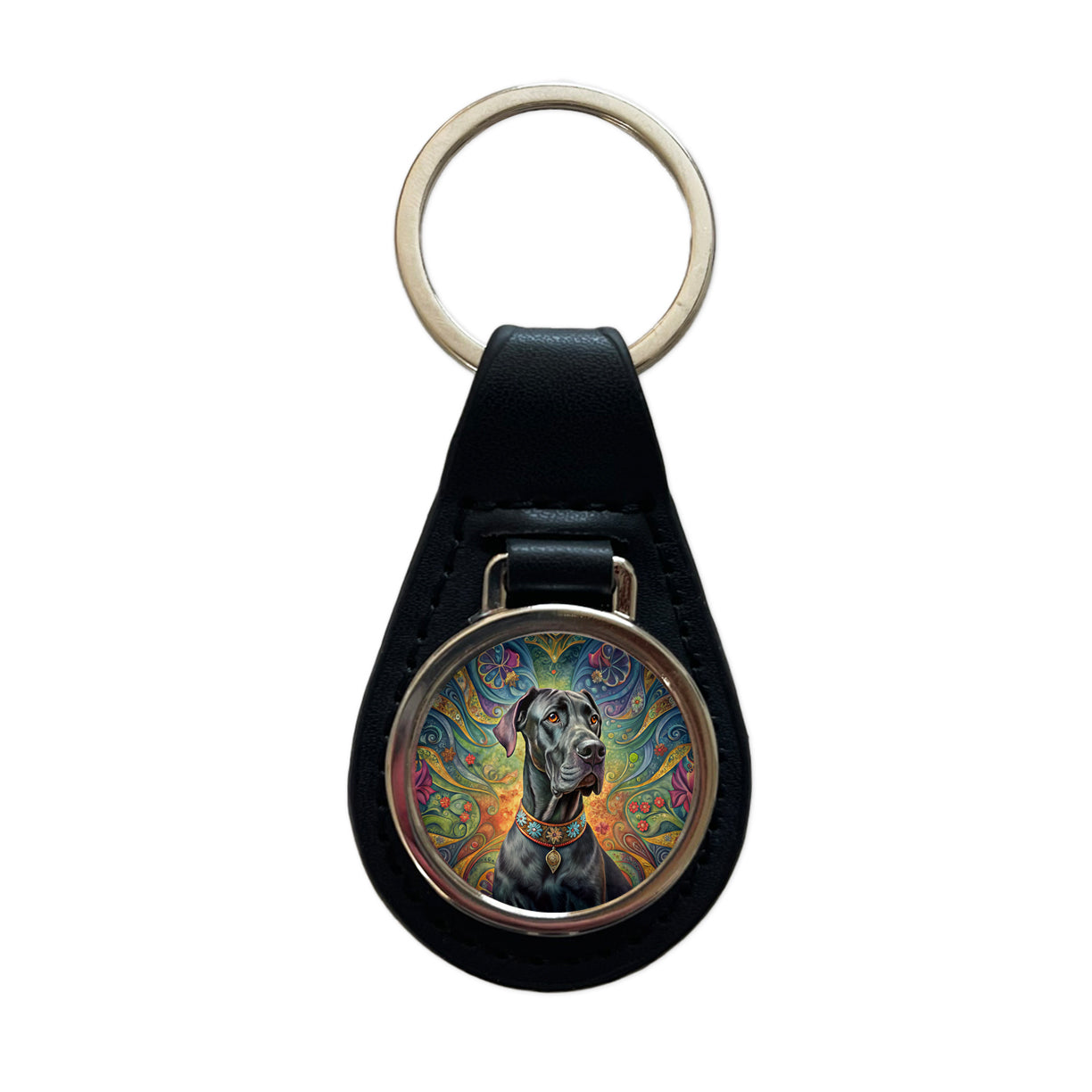 Great Dane Dog French Bohemian Art Black Leather Metal Keychain