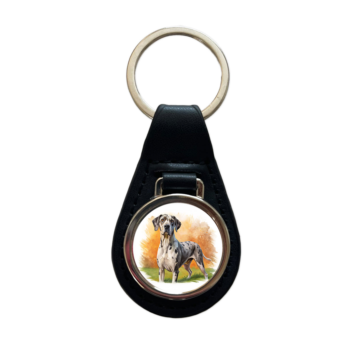 Great Dane Dog Illustration Black Leather Metal Keychain
