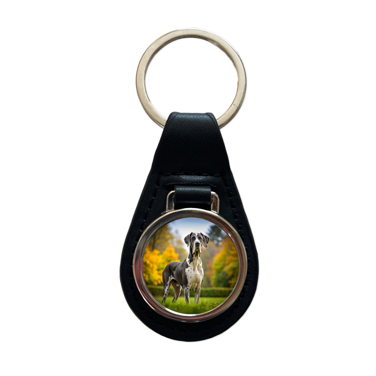 Great Dane Dog Photo Black Leather Metal Keychain