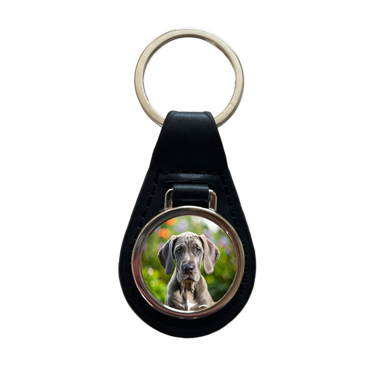 Great Dane Dog Puppy Photo Black Leather Metal Keychain