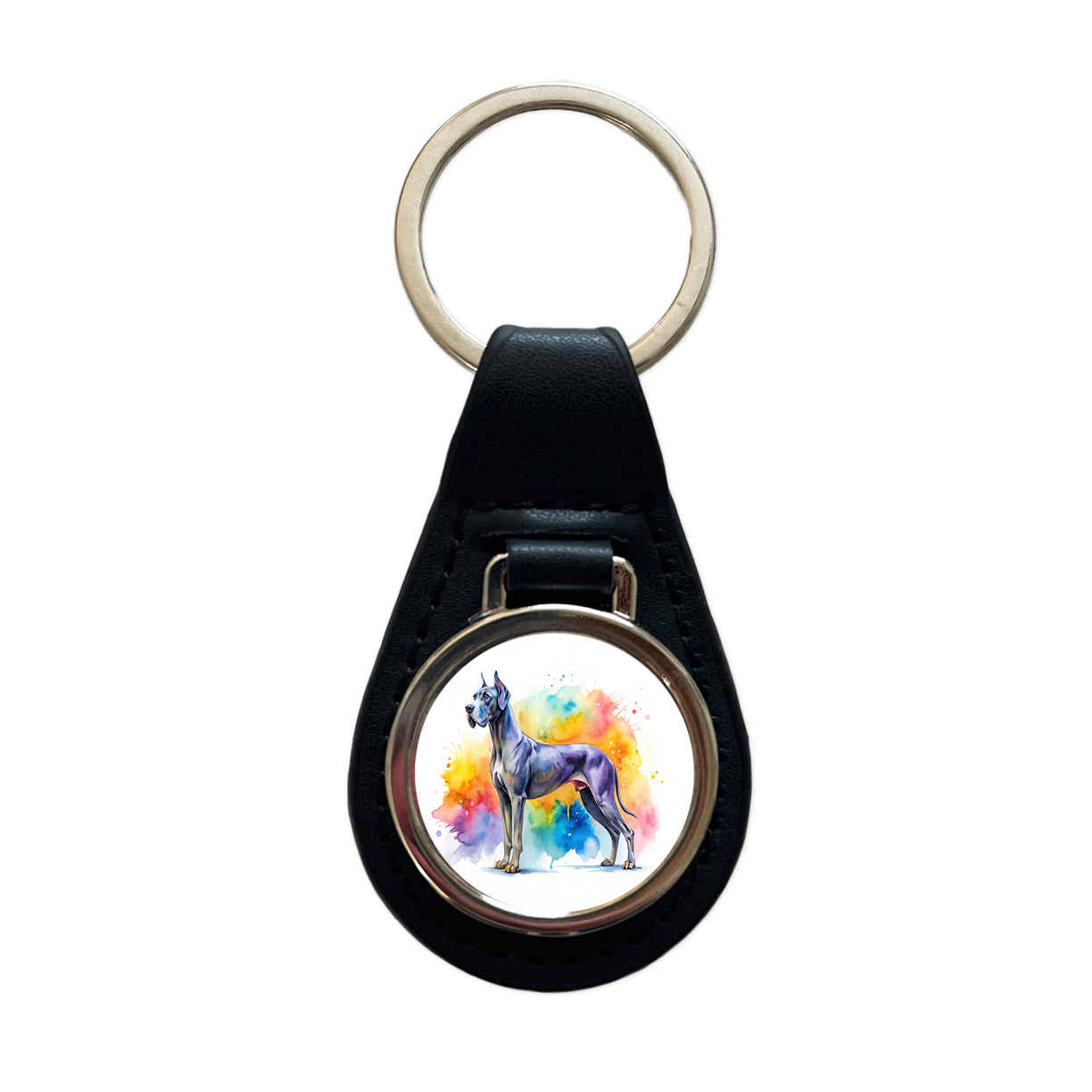 Great Dane Dog Watercolor Style Black Leather Metal Keychain