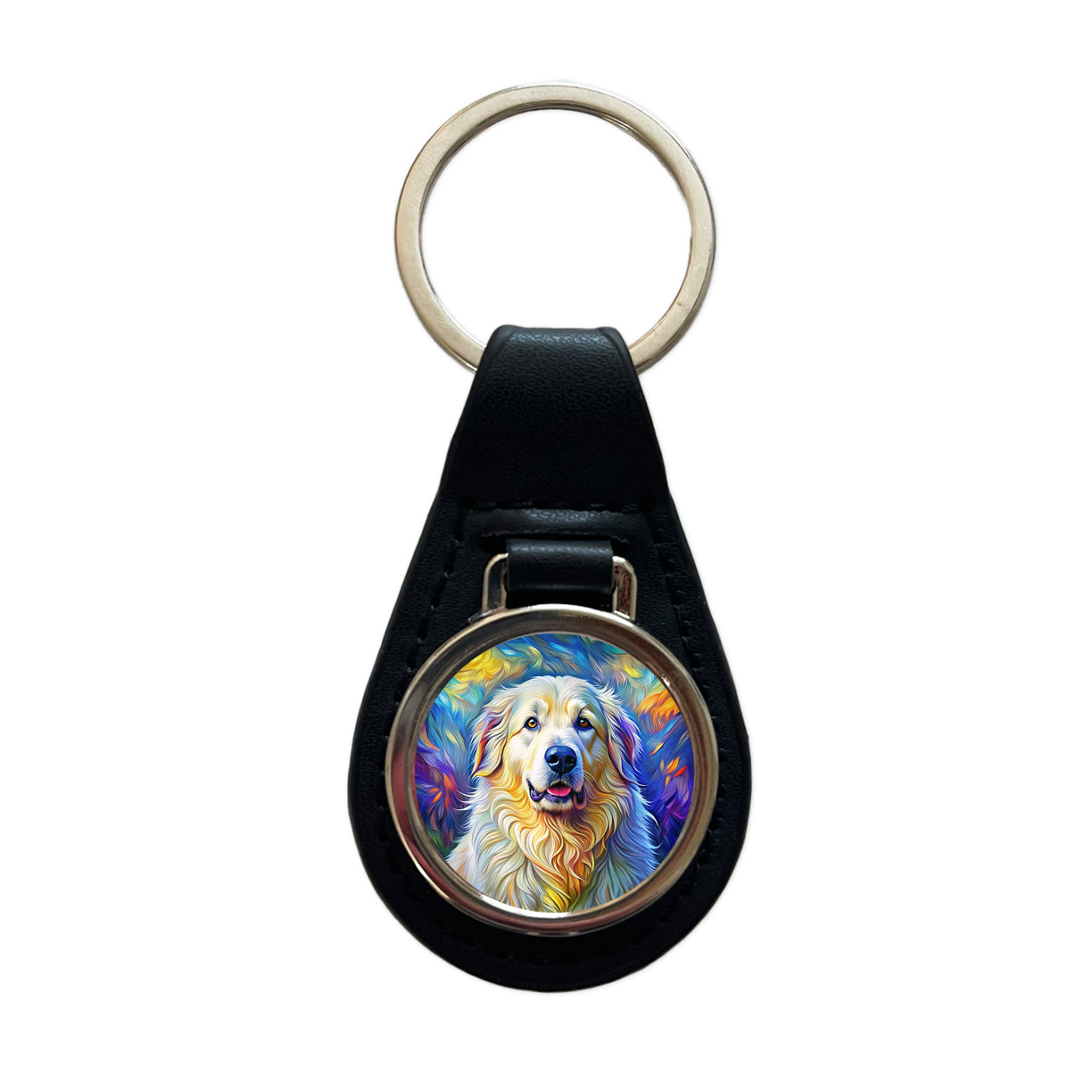 Great Pyrenees Dog Expressionism Art Black Leather Metal Keychain