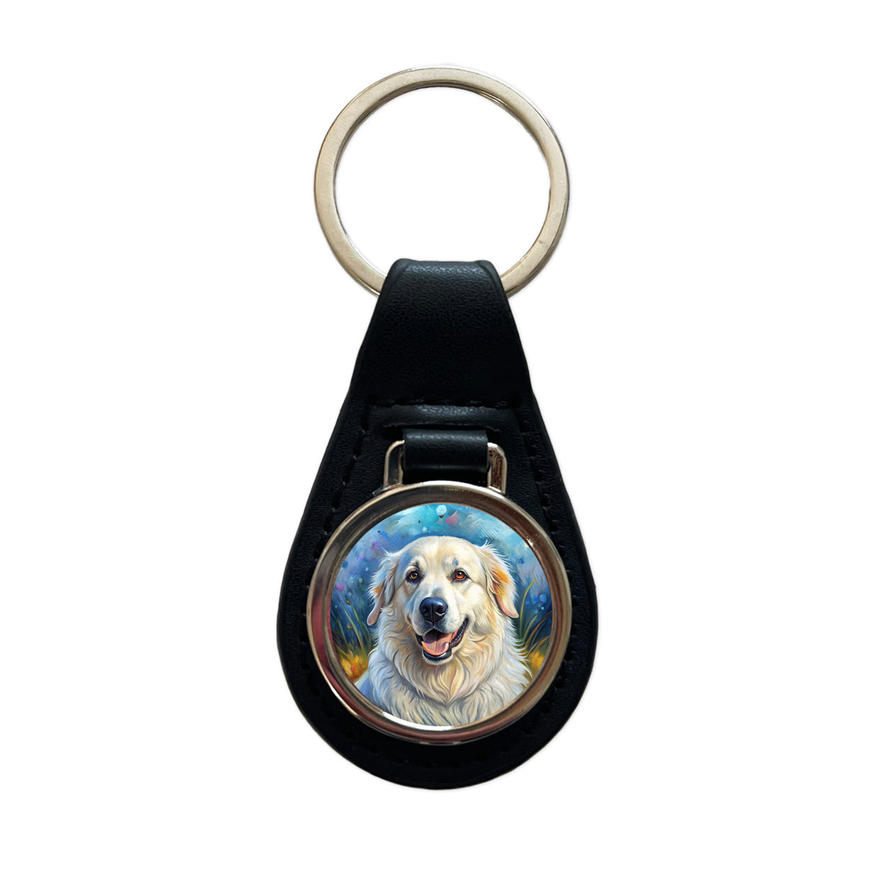 Great Pyrenees Dog Illustration Black Leather Metal Keychain