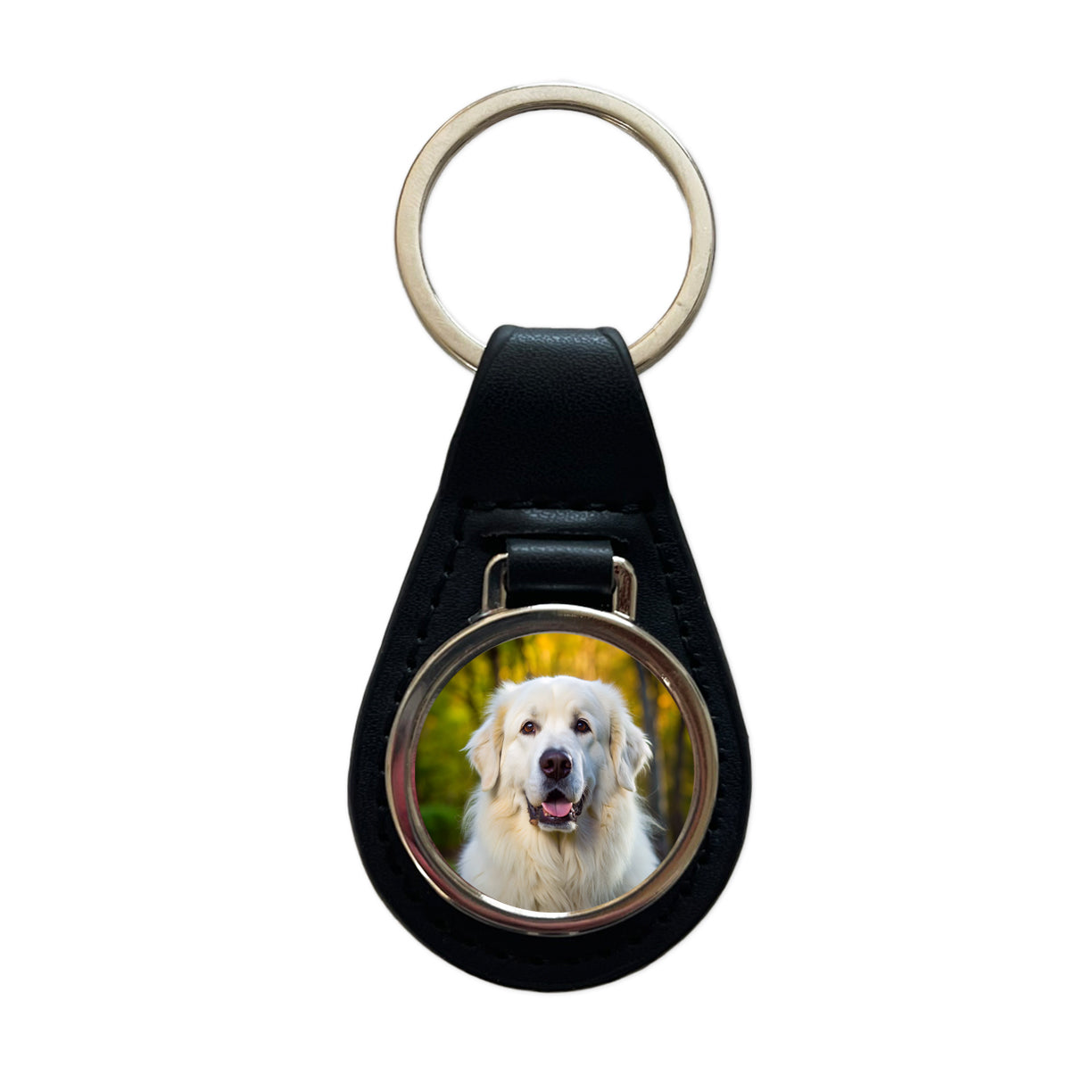 Great Pyrenees Dog Photo Black Leather Metal Keychain