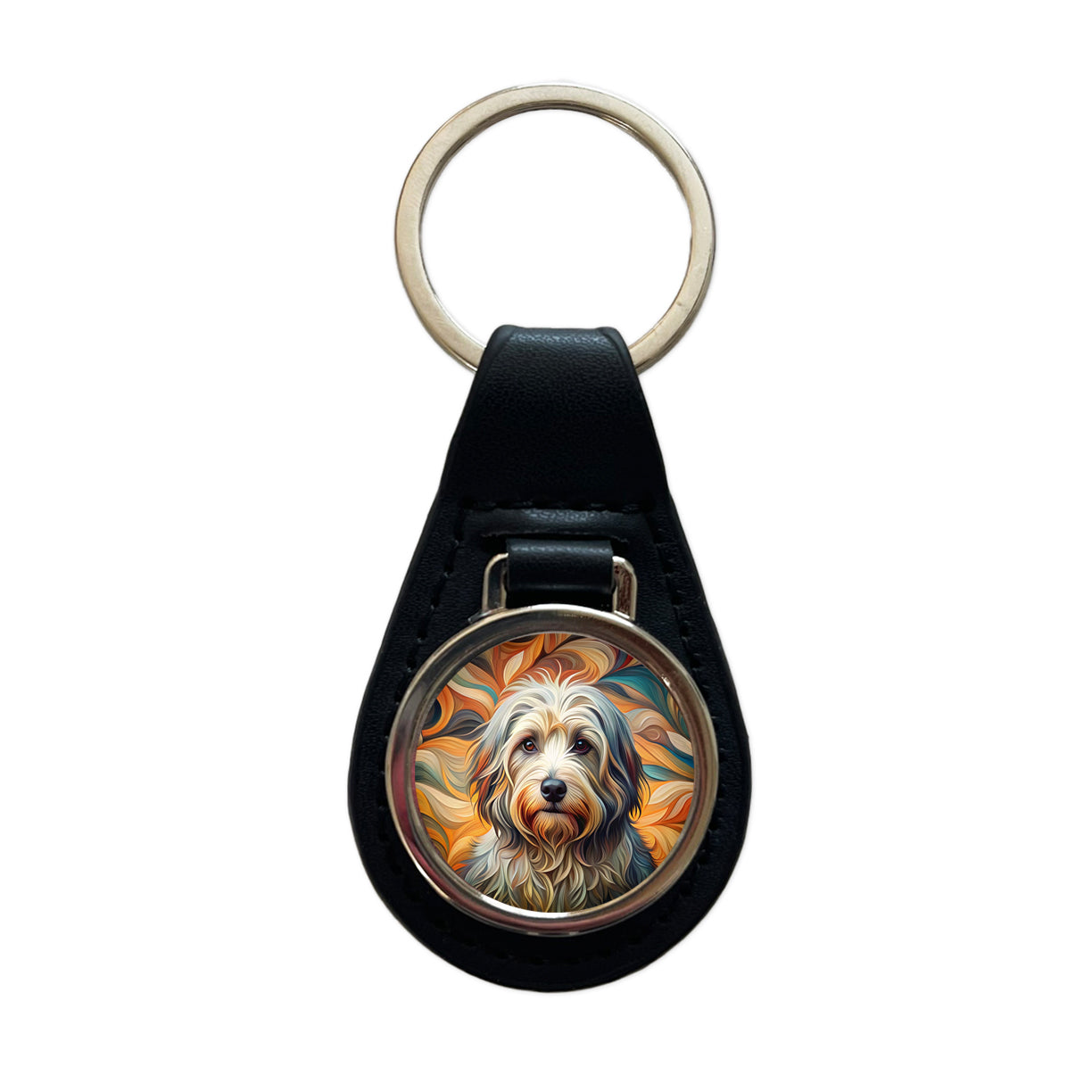 Havanese Dog Abstract Stylized Art Black Leather Metal Keychain