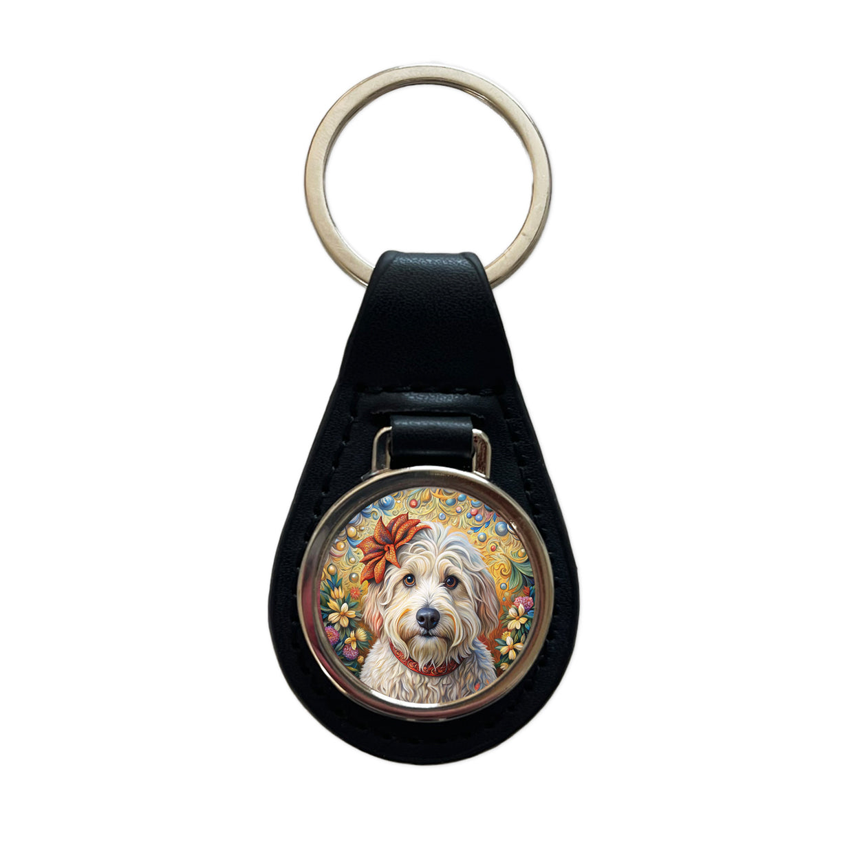 Havanese Dog French Bohemian Art Black Leather Metal Keychain