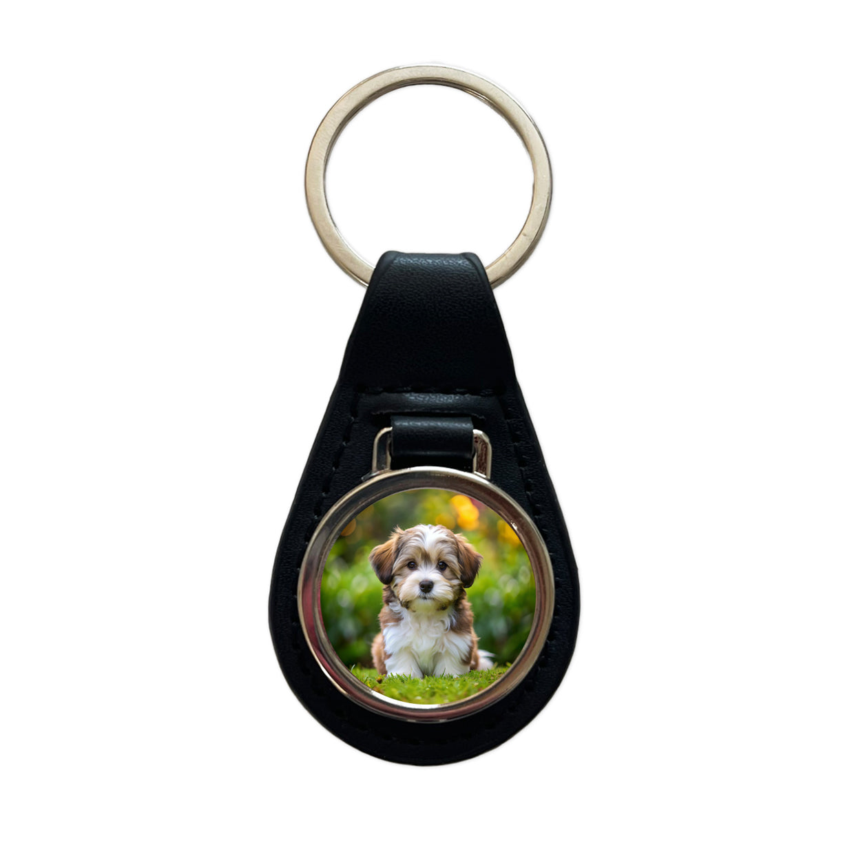 Havanese Dog Puppy Photo Black Leather Metal Keychain