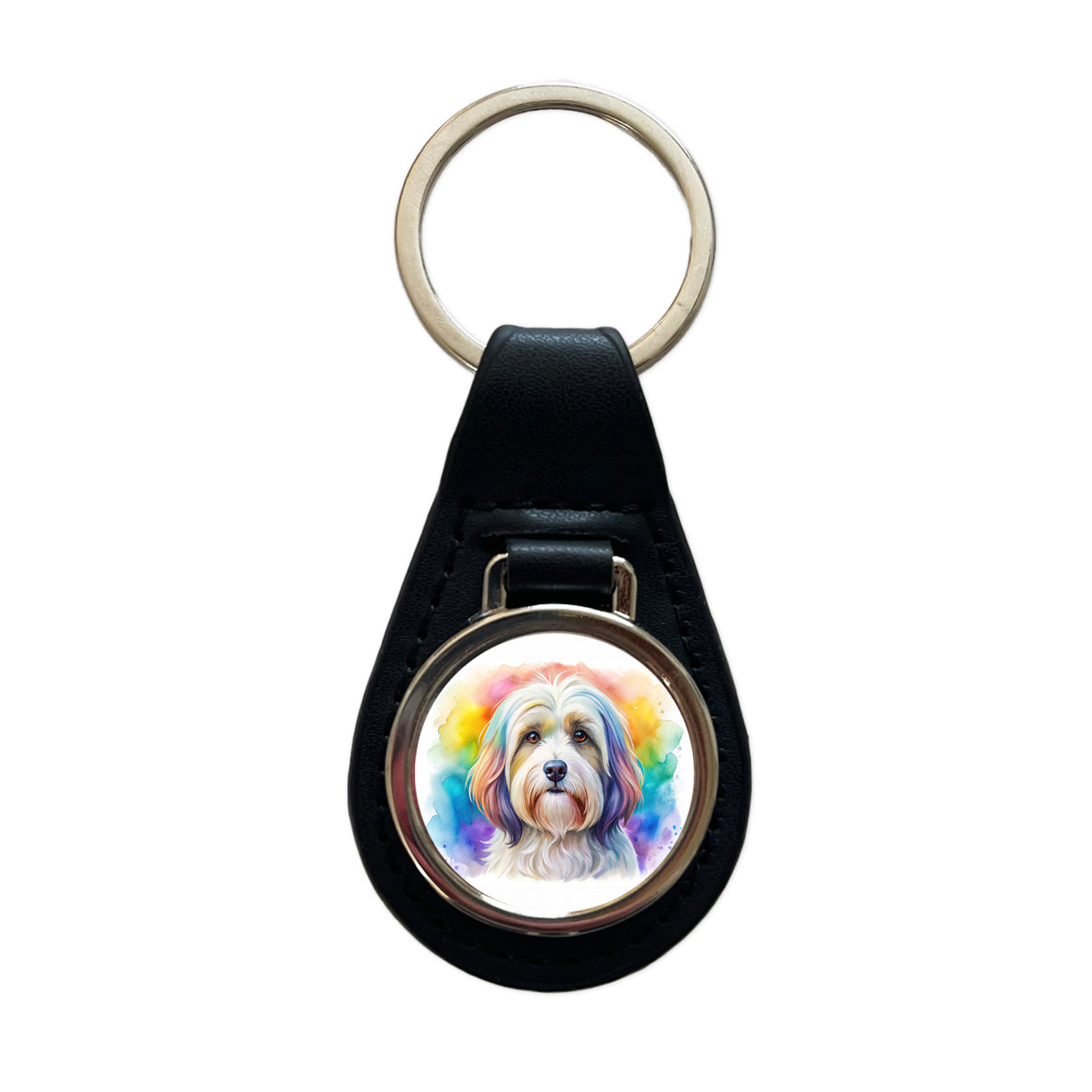 Havanese Dog Watercolor Style Black Leather Metal Keychain