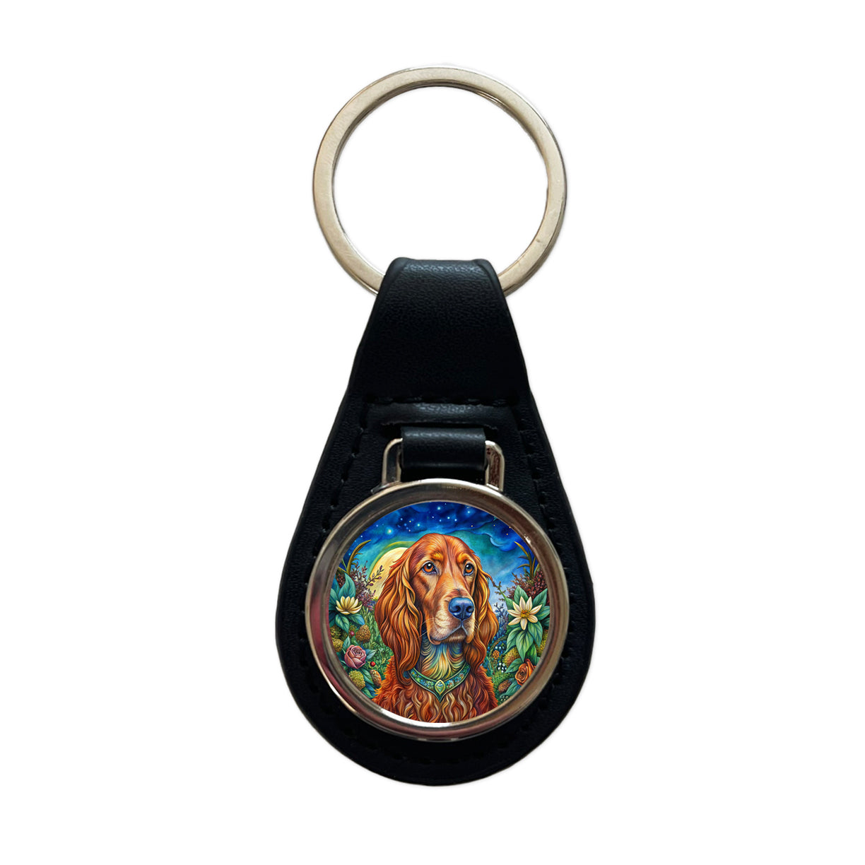 Irish Setter Dog Bohemian Art Black Leather Metal Keychain